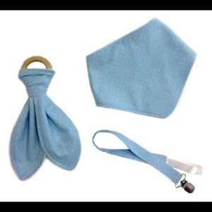 bib, teether, pacifier clip 3 piece baby set